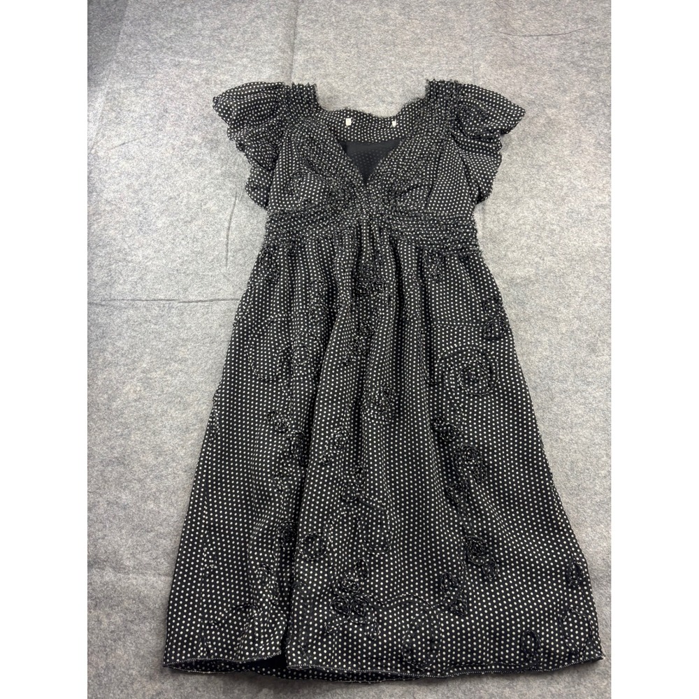 Polka Dot Empire Waist Midi Dress Black White Floral Flutter Sleeve Womens S?